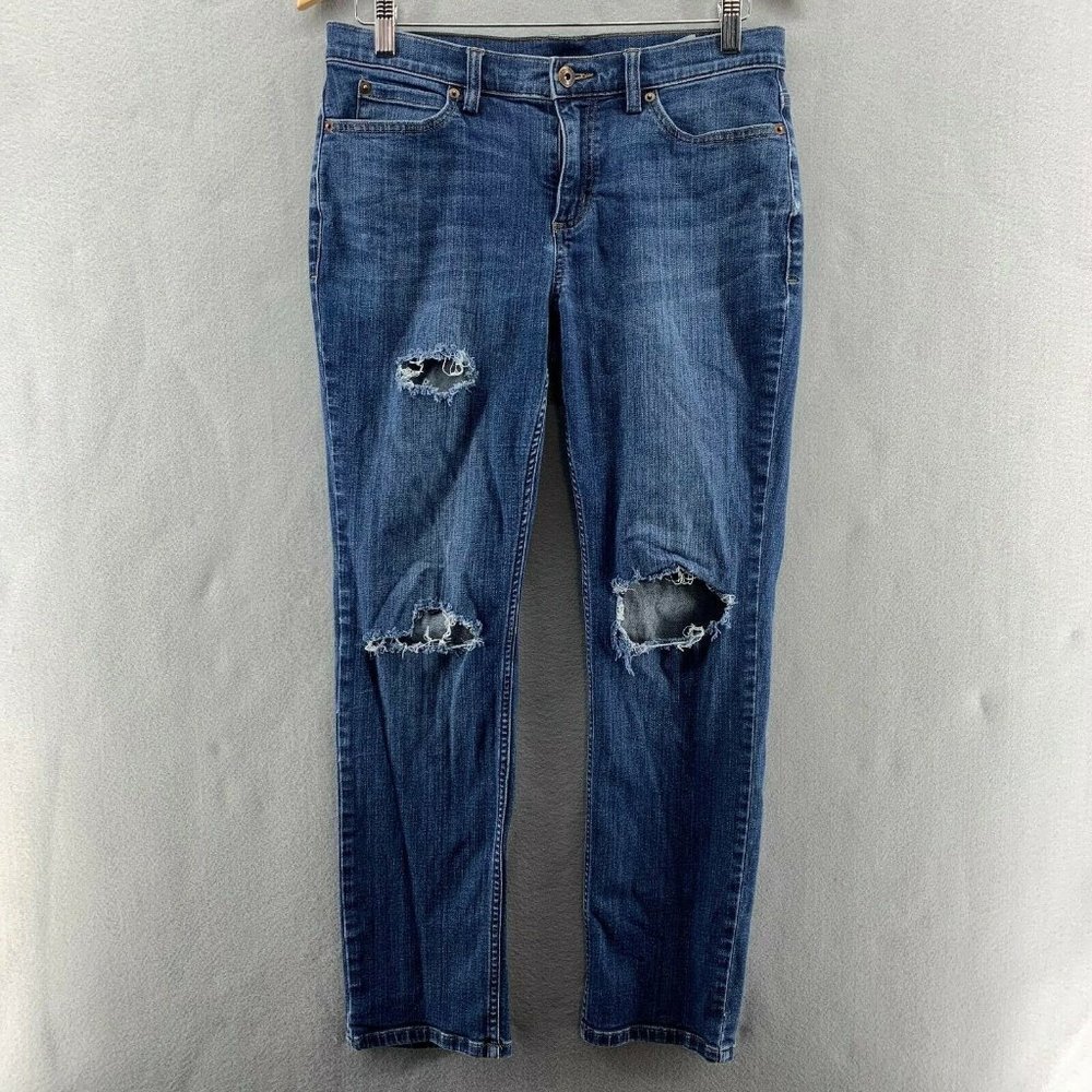 Duluth Trading Co Distressed Straight Leg Jeans Womens Size 8 Blue Denim 8x29
